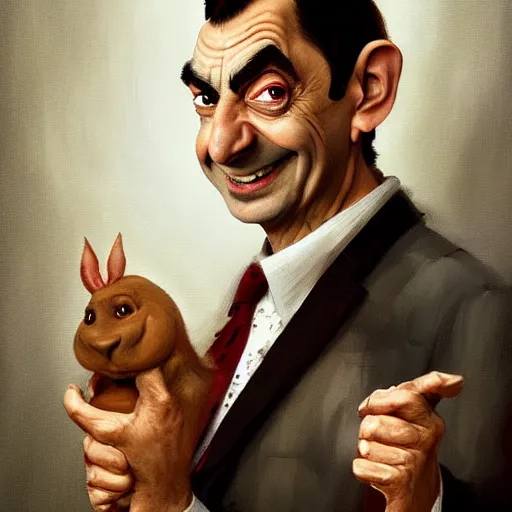 Prompt: portrait of mr. bean as roger rabbit painted by greg rutkowski