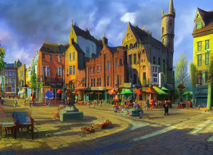 Image similar to dublin townsquare, summer morning, very coherent and colorful high contrast, art by gediminas pranckevicius, dark shadows, hard lighting