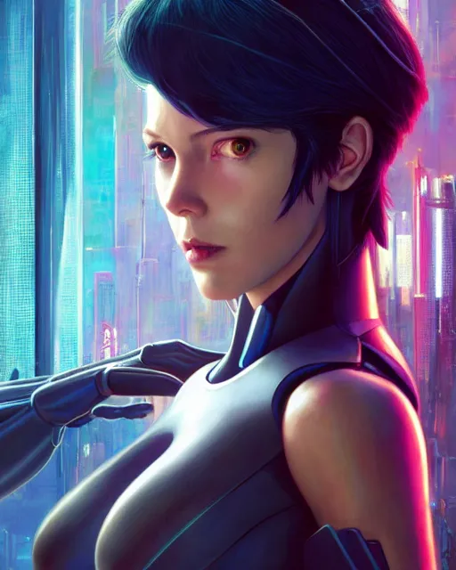 Image similar to weta disney movie still portrait photo of julianfox as the major ghost in the shell as cyborg woman by pixar, by weta, wlop, ilya kuvshinov, rossdraws, artgerm, maxim cover, latex, sweaty, iridescent, bright morning, anime, liosh, mucha