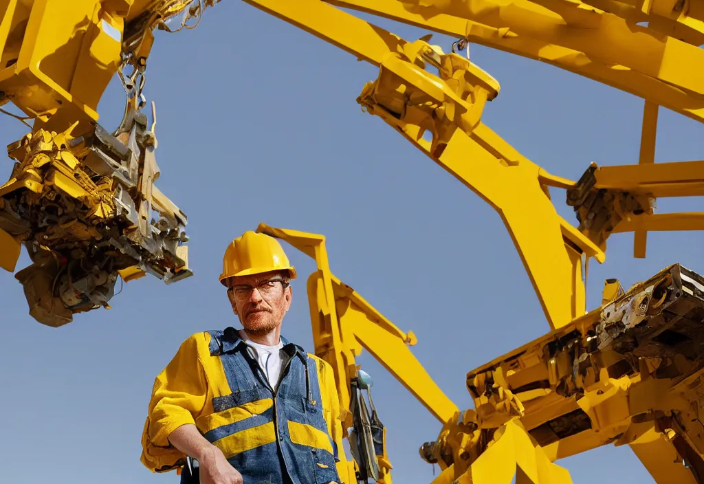 Prompt: closeup portrait of mecha bryan cranston construction crane frame, yellow hardhat, natural light, bloom, detailed face, magazine, press, photo, steve mccurry, david lazar, canon, nikon, focus c 9. 5