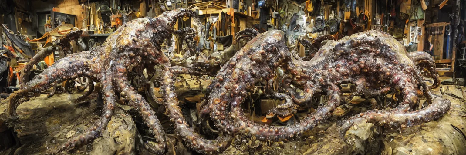 Image similar to low wide angle photo taken of an epic intricate, ultra detailed, super realistic gritty, hero prop, exquisitely painted animatronic movie prop of a wet slimy grotesque nightmarish hellish mutant cephalopod creature displayed in the workshop, created by weta workshop, full body shot, photorealistic, sharp focus