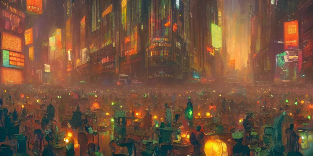 Prompt: beautiful digital painting of traders in the new york stock exchange, by paul lehr and mark kolobaev, science fiction, mix of styles, highly detailed, intricate, studio ghibli color scheme, masterpiece