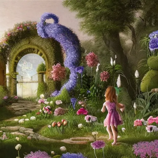 Image similar to a whimsical garden scene. In the art installation, a young girl can be seen playing among the flowers and trees, while a fairy watches over her. blueprint by Raphael Lacoste, by Kent Monkman ghastly