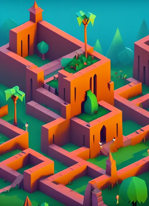 Image similar to a low poly isometric render of a kerala village in the style of monument valley, intricate, elegant, smooth, illustration, simple, solid shapes, by nuri iyem, james gurney, james jean, greg rutkowski, anato finnstark. pixar, octane render