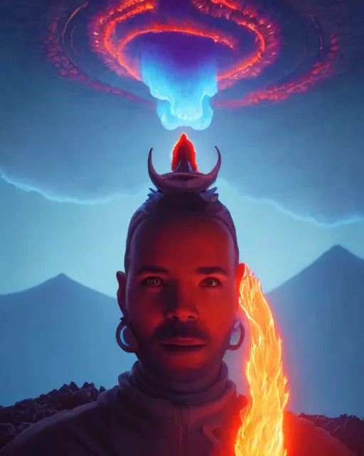 Image similar to highly detailed surreal vfx portrait of a futuristic fire mage in a volcano with lava, stephen bliss, unreal engine, greg rutkowski, loish, rhads, beeple, makoto shinkai and lois van baarle, ilya kuvshinov, rossdraws, tom bagshaw, alphonse mucha, global illumination, detailed and intricate environment