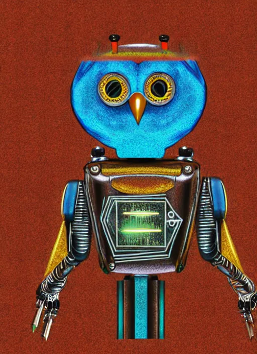 Image similar to colored pencil and pen drawing of an animatronic robot owl, bird made from rusty old keys and padlocks, space background, 8 k photorender realityengine