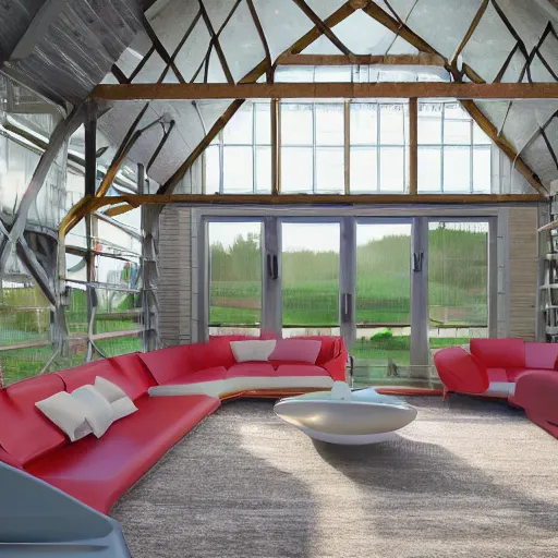 Image similar to interior view of modern futuristic farm barn architecture, cows laying down on sofas and pigs and chickens sitting in lounge chairs, modern interior design, throw pillows, areas rugs, feed troughs, hay, detailed luminescent oil painting 4 k