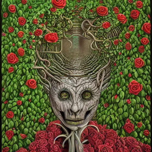 Image similar to the queen of vines and roses by jacek yerka, alex gray, zdzisław beksiński, dariusz zawadzki, jeffrey smith and h.r. giger, oil on canvas, 8k highly professionally detailed, trending on artstation