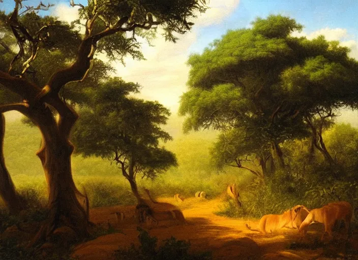 Prompt: the border of the jungle and the savannah in africa in the style of hudson river school of art, oil on canvas