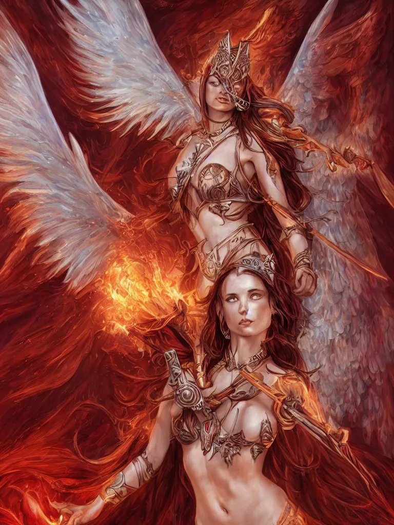 Prompt: a whole body D&D style illustration of Adriana as a warrior angel woman with angel wings wide opened , covered by elfish tattoos and wavy red hair, intricate, elegant, highly detailed, digital painting, artstation, wallpaper!, concept art, smooth, sharp focus, high fantasy illustration, art by artgerm and Vasylina, and Peter Andrew Jones