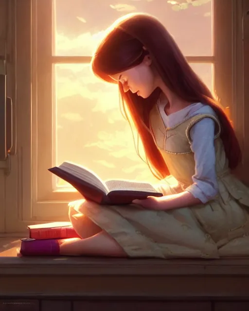 Image similar to highly detailed portrait of beautiful girl reading a book in toy story 3, dynamic pose, stephen bliss, unreal engine, fantasy art by greg rutkowski, loish, rhads, ferdinand knab, makoto shinkai and lois van baarle, ilya kuvshinov, rossdraws, tom bagshaw, global illumination, radiant light, detailed and intricate environment