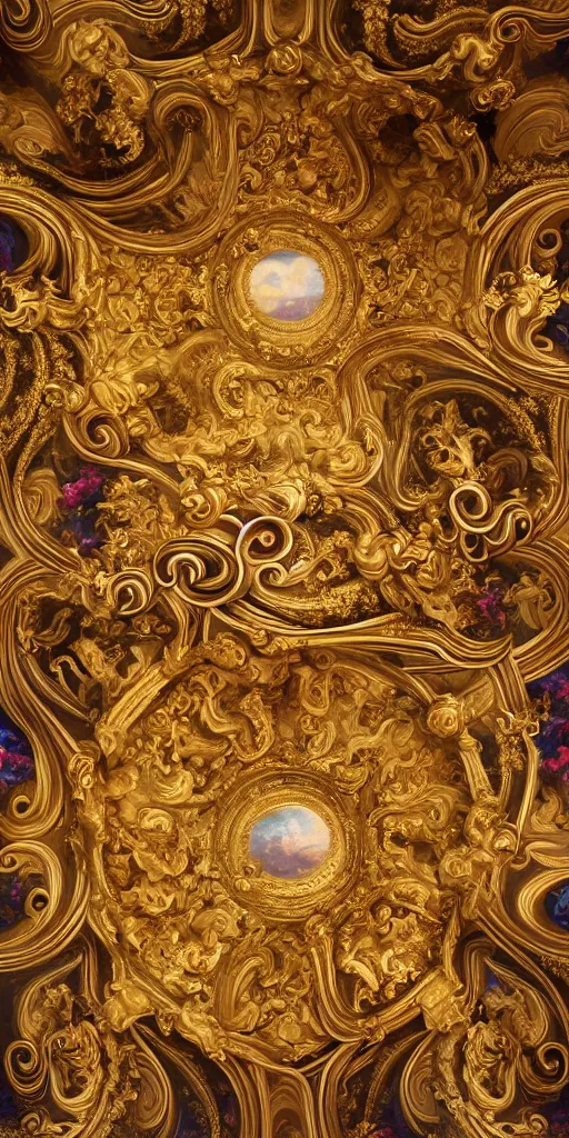 prompthunt: inrticate versace baroque wallpaper:: intricate:: combined with  rococo versace prints :: Decorative rococo Borders :: hyper-realistic shiny  polished metallic look :: rainbow ink dropping in water::7 :: 3D, tarot  card, rococo