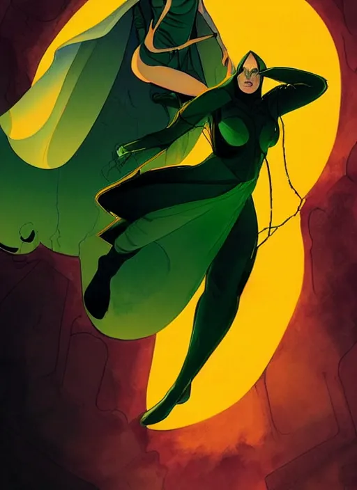 Prompt: Rafeal Albuquerque comic art, Joshua Middleton comic art, cinematics lighting, sunset colors, pretty Marion Cotillard comicbook villain, green dress with a black hood, yellow eyes, angry, symmetrical face, symmetrical eyes, full body, flying in the air, night time, red mood in background