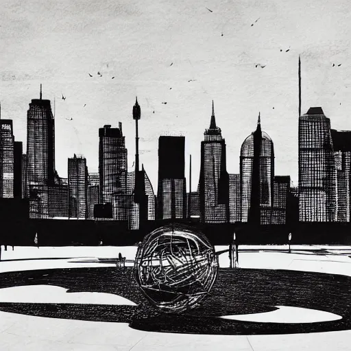 Image similar to a perfect circle where the inside is empty blank space and around the outer edge of the circle is the silhouette of a city skyline, black and white, minimalist, in the style of a charcoal drawing, made by david mellen