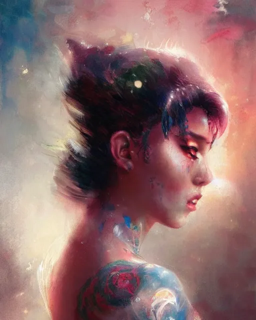 Image similar to an epic painting of sailor moon as a real girl, sailor moon hairstyle, oriental tattoos, realism, dramatic, intricate, by jeremy mann and greg rutkowski, dramatic earth colors, few vivid red highlights, trending on artstation, pixiv, oil on canvas