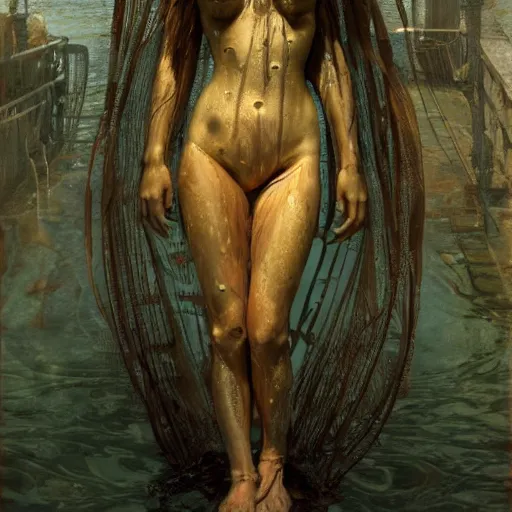 Image similar to a photograph of a create made out of a humanoid nervous system submerged and rusted in the water, cinematic, volumetric lighting, f 8 aperture, cinematic eastman 5 3 8 4 film, photorealistic by greg rutkowski, by stanley artgerm, by alphonse mucha