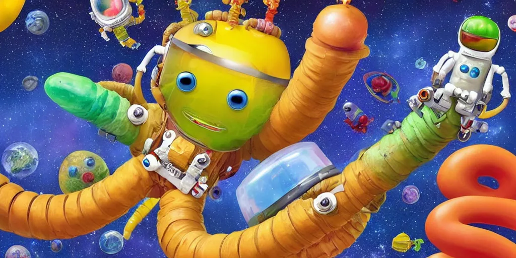 Prompt: a 3 d rendered movie still a gummi worm descendant 1 million years from now. gummi worm wears a spacesuit, and explores cosmos in a super awesome space ship. science fiction blockbuster movie gummi worms rule the world or my stepmom is a gummie worm from space, imax 7 0 mm. silent running