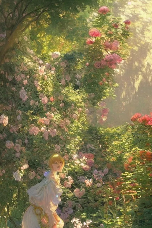 Image similar to a beautiful painting of a garden, ray of light, warm, shimmering and prismatic, rococo, by krenz cushart and mucha and monet, trending on artstation.