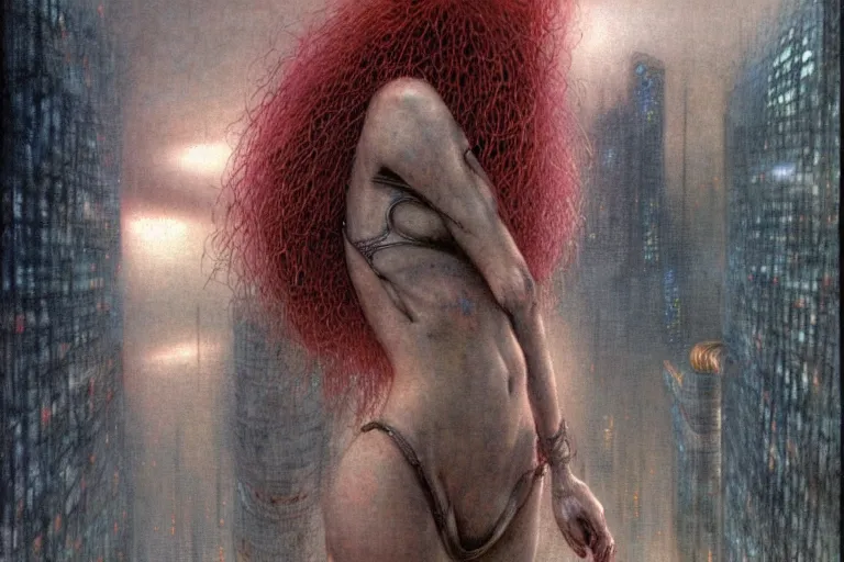 Prompt: cute redhead girl with short hairs in cybercity by luis royo and wayne barlowe, beksinski