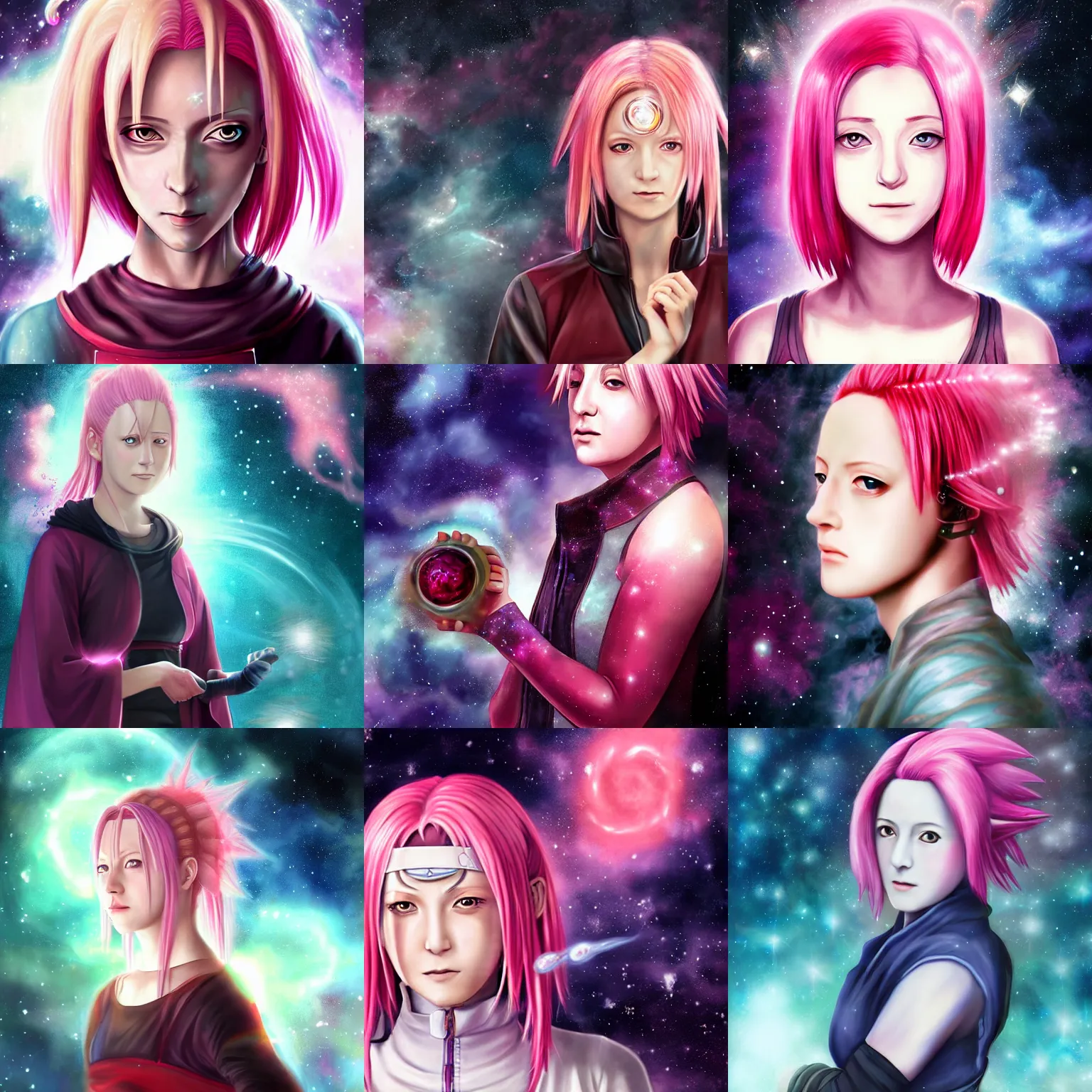 Prompt: portrait of Sakura Haruno in the space with nebulae, realistic painting, classical painting, high definition, digital art, dramatic lighting, matte painting, very detailed, realistic