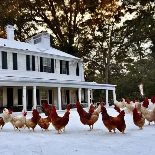 Prompt: the chickens are eating dinner at the govenors mansion and white houses buffet on a saturday night at the the round tables house in cold hearted lake icy toes