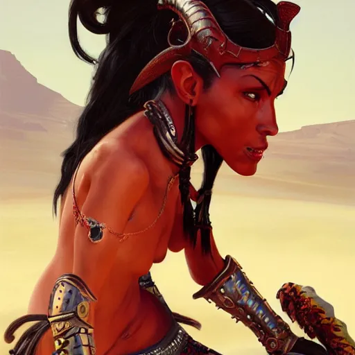 Prompt: portrait of a female berber tiefling, red skin, straight horns, black hair in a ponytail, steel armor, greatsword, in a desert, strong, fierce, elegant, fantasy, highly detailed, digital painting, artstation, concept art, character art, art by greg rutkowski and tyler jacobson and alphonse mucha
