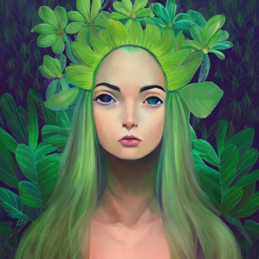 Prompt: portrait of a woman inspired by lois van baarle, iridescent, plants on the head, nature