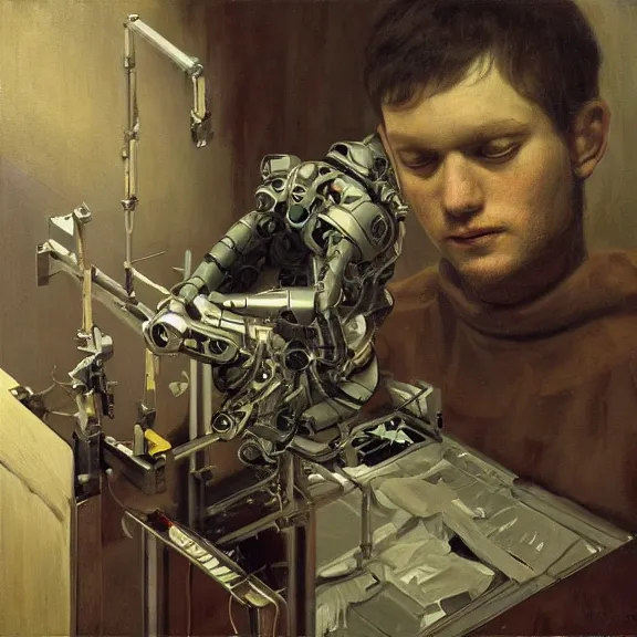 Prompt: robot artist painting a self - portrait on a canvas. intricate, highly detailed, photorealistic, film still, by vdragan bibin.