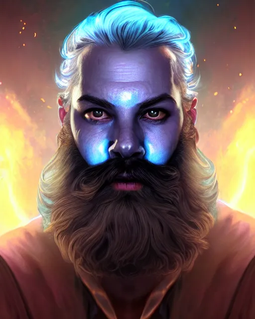 Image similar to epic fantasy render portrait of a despairing bioluminescent man with a beard with glowing eyes, dark retrowave, highly detailed, digital painting, cinematic, hyperrealism, rpg portrait, dynamic lighting, art by boris vallejo and julie bell and magali villeneuve and alphonse mucha, artstation, octane render, cgsociety