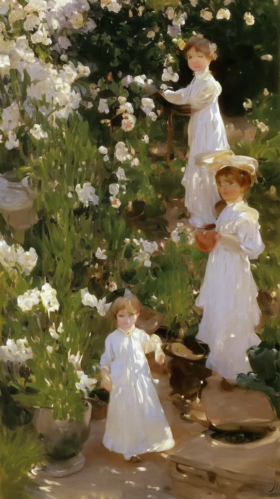 Image similar to beautiful young julee wear alace dress in a botanical yard set near a persian pot by john singer sargent