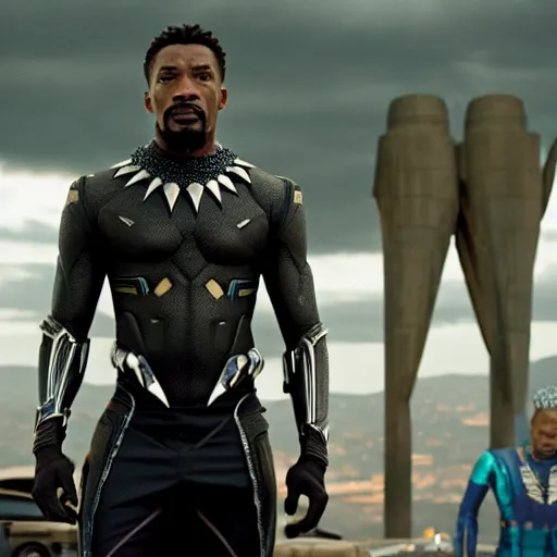 Prompt: film still of Charlie Murphy as Killmonger in Black Panther movie