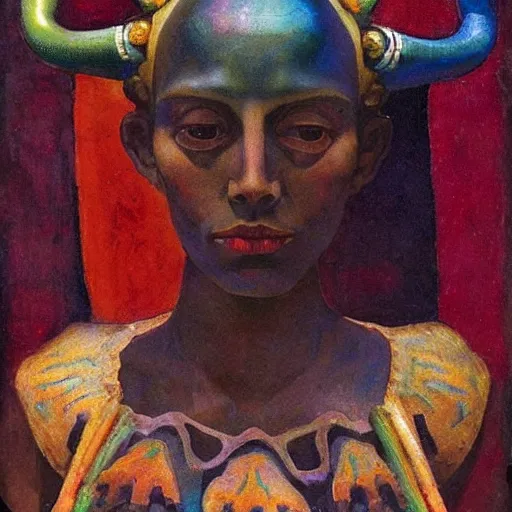 Image similar to the bone crown, by Annie Swynnerton and Nicholas Roerich and Diego Rivera, dark skin, elaborate costume, iridescent beetles, geometric ornament, rich color, dramatic cinematic lighting, smooth, sharp focus, extremely detailed