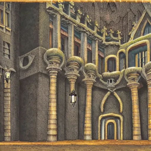 Image similar to main entrance of a castle with subtle lovecraftian vibes, ethereal, oil painting, mc escher