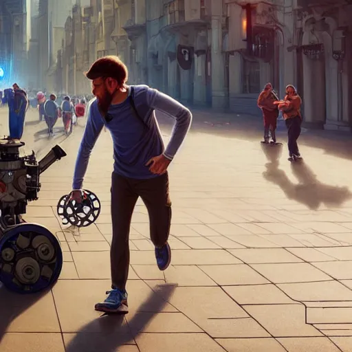 Image similar to beautiful digital painting of man helping robot run a marathon, high detail, 8 k, stunning detail, works by artgerm, greg rutkowski and alphonse mucha, unreal engine 5, 4 k uhd