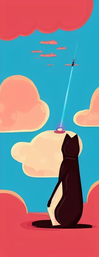 Image similar to “ lonely cat holding laser gun floating in clouds, digital art, super aesthetic, art station, cartoon novel style ”