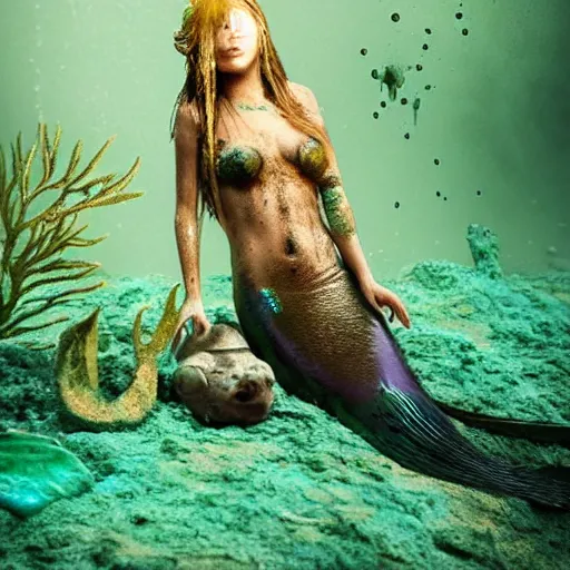 Image similar to a sad mermaid covered in toxic glowing sludge, wildlife photography, ultra realistic, intricate details, highly detailed, photorealistic, 8 k