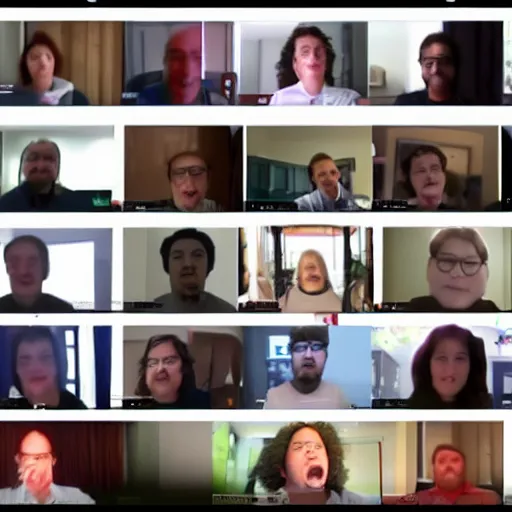 Prompt: zoom call conference with 2 0 people, all screaming at each other with their microphones off, screenshot from a macosx