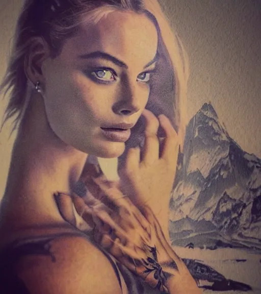 Image similar to tattoo design sketch double exposure of margot robbie with beautiful mountain scenery mash up, in the style of arlo dicristina, surrealist, amazing detail, sharp