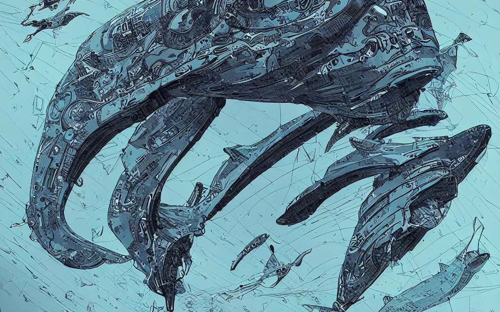 Image similar to biomechanical flying whale, in the style of james jean and laurie greasley, dynamic composition, dramatic lighting, ultra detailed, nitro colors