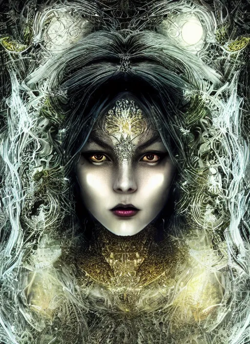 Image similar to glowing silver and golden elements, full close-up portrait, A beautiful dark witch in front of the full big moon, book cover, green forest, red white black colors, establishing shot, extremly high detail, foto realistic, cinematic lighting, pen and ink, intricate line drawings, by Yoshitaka Amano, Ruan Jia, Kentaro Miura, Artgerm, post processed, concept art, artstation, matte painting, style by eddie, raphael lacoste, alex ross