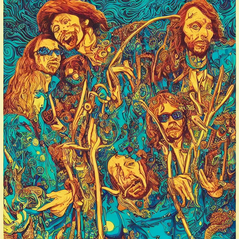 Image similar to beautiful colorful hyperrealist highly detailed psychedelic music poster'zombie beegees ', psychedelic art nouveau, beautiful high contrast colored wood engraving, moebius comic style, shocking detail trending on artstation 8 k