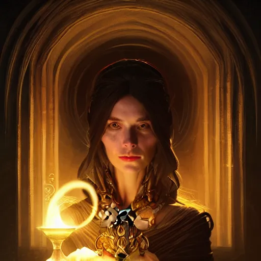 Image similar to Portrait of female sorceress with a goblet with a glowing potion in it, epic dark fantasy, medium shot, intricate, elegant, highly detailed, digital painting, artstation, concept art, smooth, sharp focus, illustration, art by artgerm and greg rutkowski and alphonse mucha