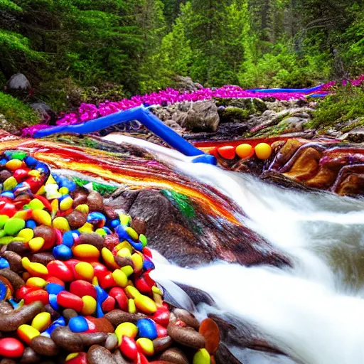 Image similar to inner tubing down a rapids filled with skittles, filled with desaturated color skittles, in the mountains, woodsy.