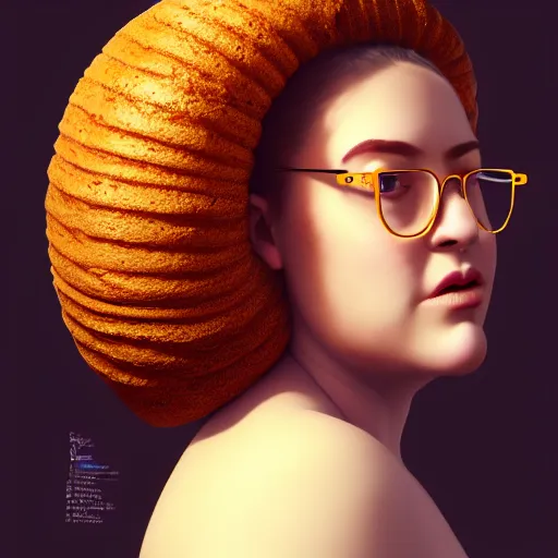 Prompt: portrait of a stocky beautiful woman with a bundt bundt pan face, italian, glasses, wide shot, digital art, 8k, trending on artstation