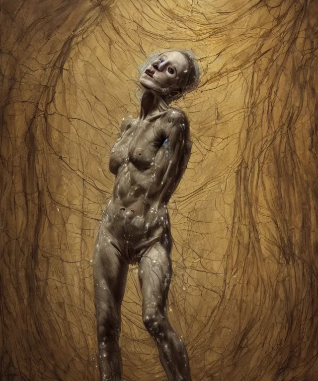 Image similar to Beautiful full-body wax sculpture of glowing transparent woman with visible bones covered with melted white candle wax inside the singularity where stars becoming baroque folds of dark matter by Michelangelo da Caravaggio, Nicola Samori, William Blake, Alex Grey and Beksinski, dramatic volumetric lighting, highly detailed oil painting, 8k, masterpiece