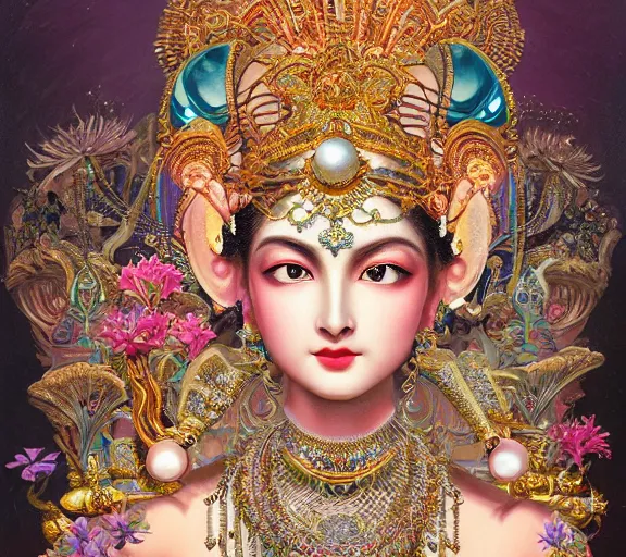 Prompt: breathtaking detailed concept art painting art deco pattern a beautiful devi goddess with shinny skin on sitted on an intricate metal throne, hands pressed together in bow, light - flowers with kind piercing eyes and blend of flowers and pearls, by hsiao - ron cheng and john james audubon, bizarre compositions, exquisite detail, extremely moody lighting, 8 k h 1 0 2 4