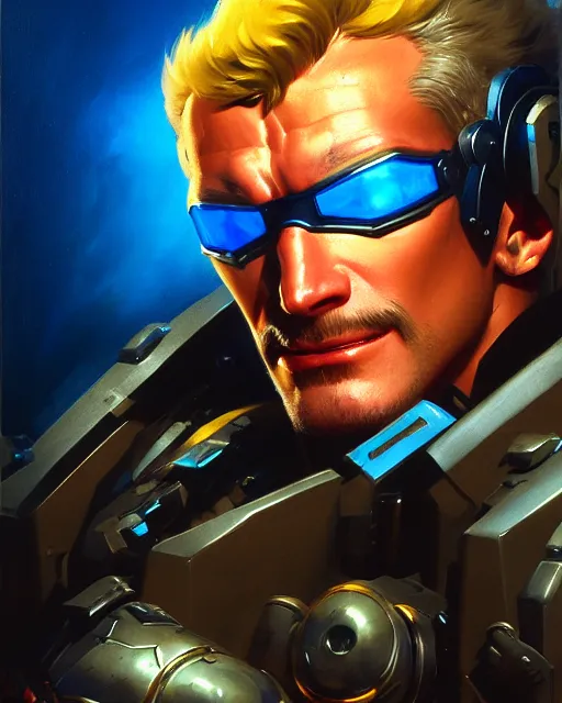 Image similar to soldier 7 6 from overwatch, fantasy, fantasy art, character portrait, portrait, close up, highly detailed, intricate detail, amazing detail, sharp focus, vintage fantasy art, vintage sci - fi art, radiant light, caustics, by boris vallejo