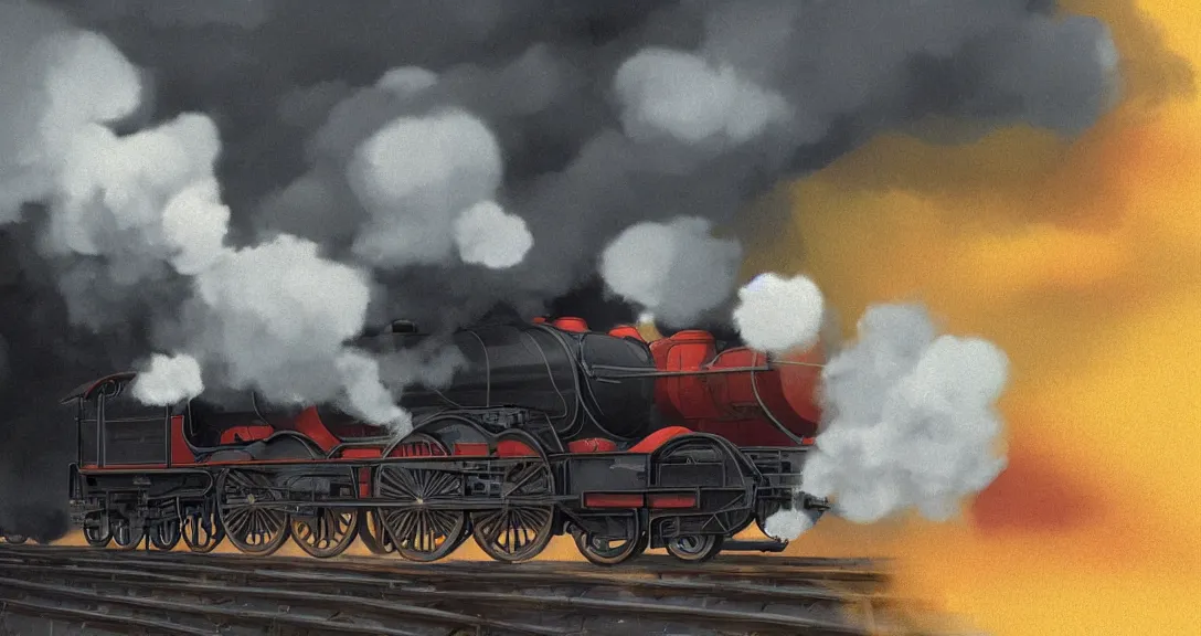 Image similar to side close - up view of a steam train, autumn light, smoke, beautiful, by studio ghibli, by tomono yoshiyuki, digital art, concept art, smooth, sharp focus, illustration