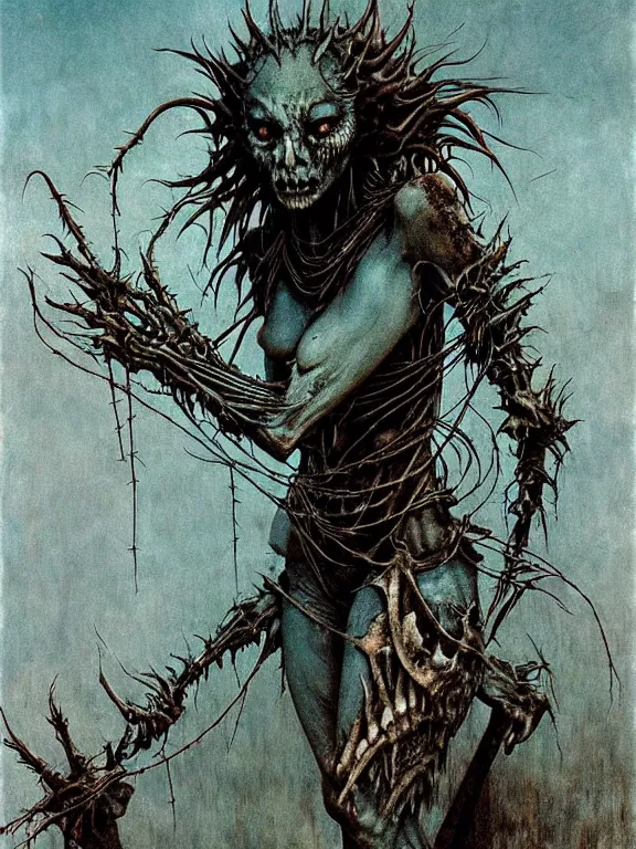 Image similar to A creepy armored horned fanged demon woman with blue scarred skin wrapped in barbed wire. Extremely high detail, realistic, fantasy art, solo, bones, masterpiece, saturated colors, art by Zdzisław Beksiński, Arthur Rackham, Dariusz Zawadzki