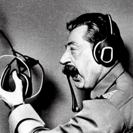 Image similar to Old photograph of Stalin angrily playing Call of Duty, shouting into the headset